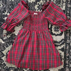 Francesca's Collections Red Plaid Puff Sleeve Dress